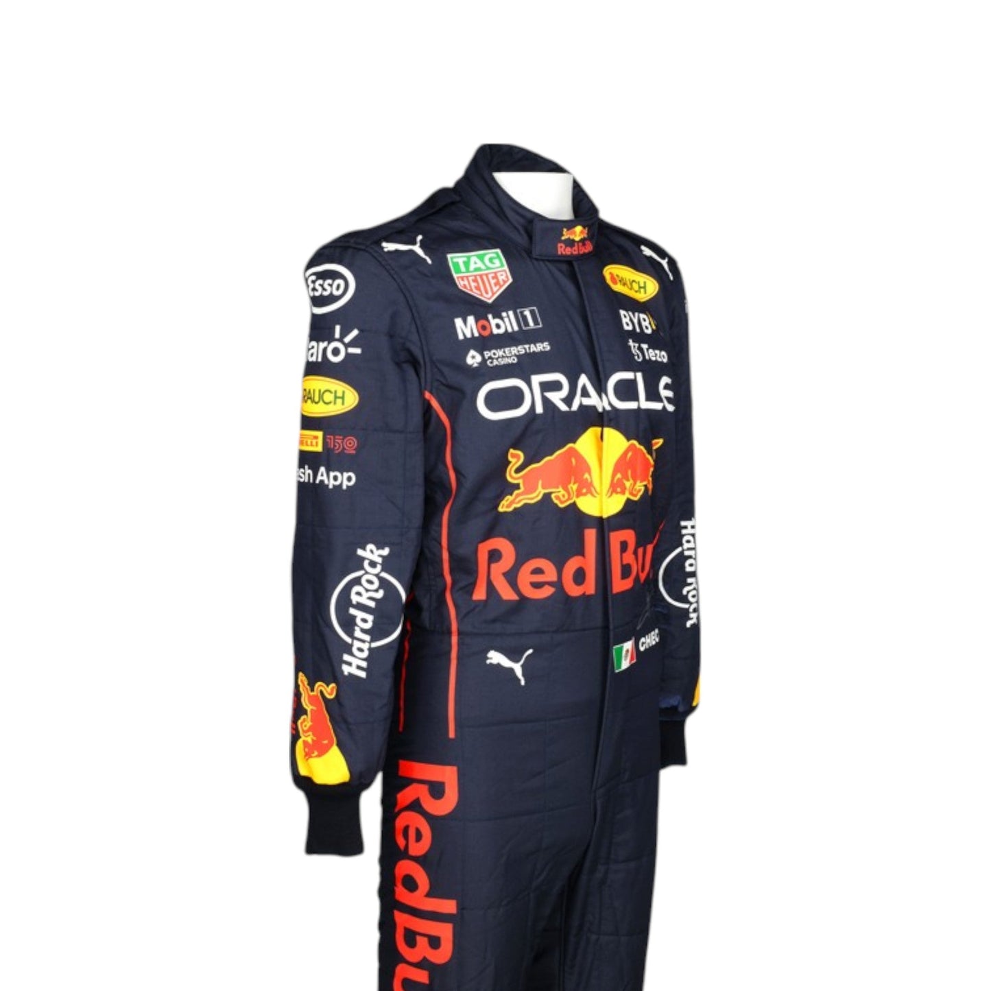 Sergio Perez 2022 Red Bull F1 race suit in navy blue with Red Bull and sponsor branding
