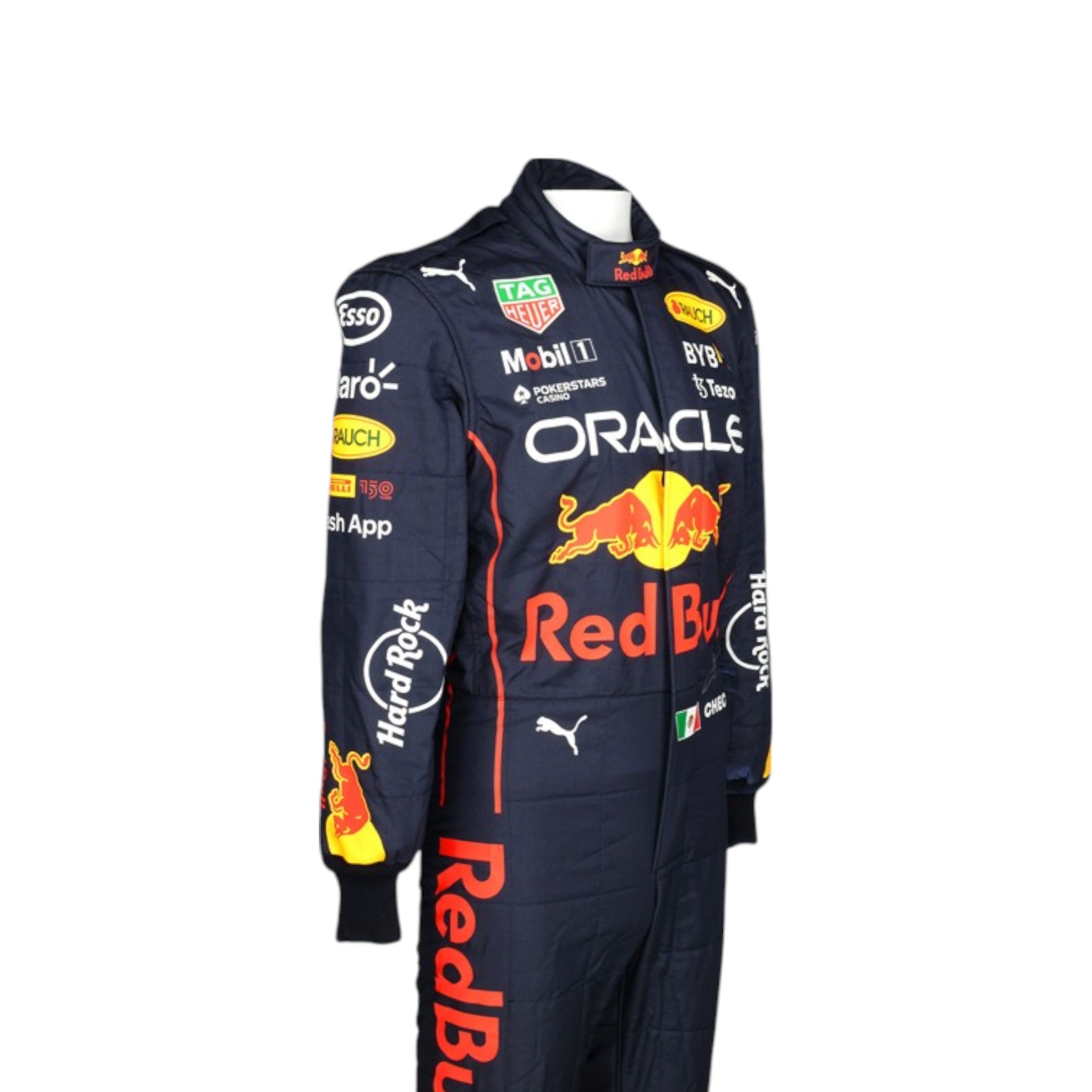 Sergio Perez 2022 Red Bull F1 race suit in navy blue with Red Bull and sponsor branding