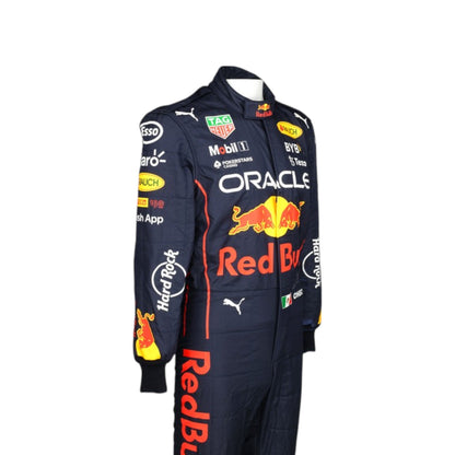Sergio Perez 2022 Red Bull F1 race suit in navy blue with Red Bull and sponsor branding