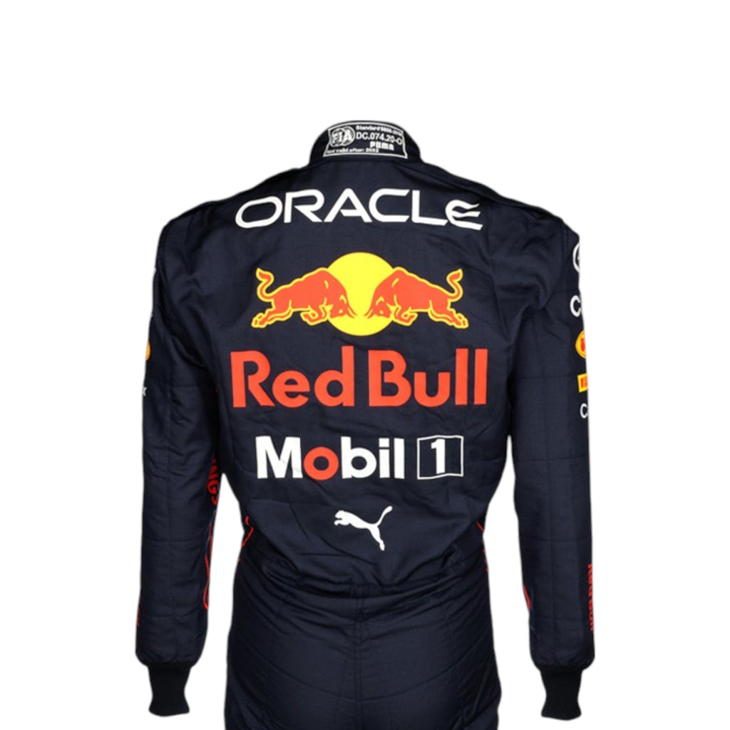 Sergio Perez 2022 Red Bull F1 race suit in navy blue with Red Bull and sponsor branding