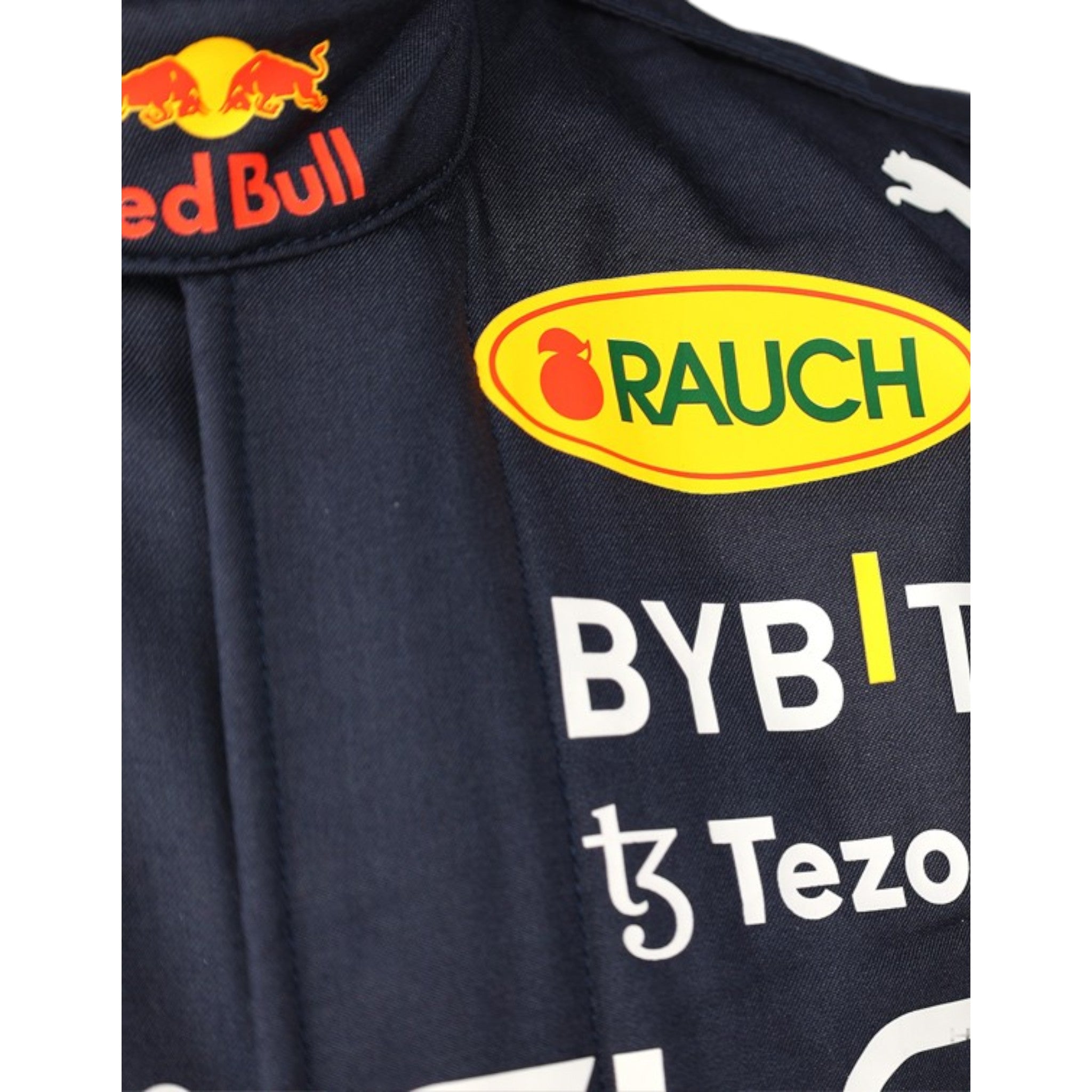 Sergio Perez 2022 Red Bull F1 race suit in navy blue with Red Bull and sponsor branding