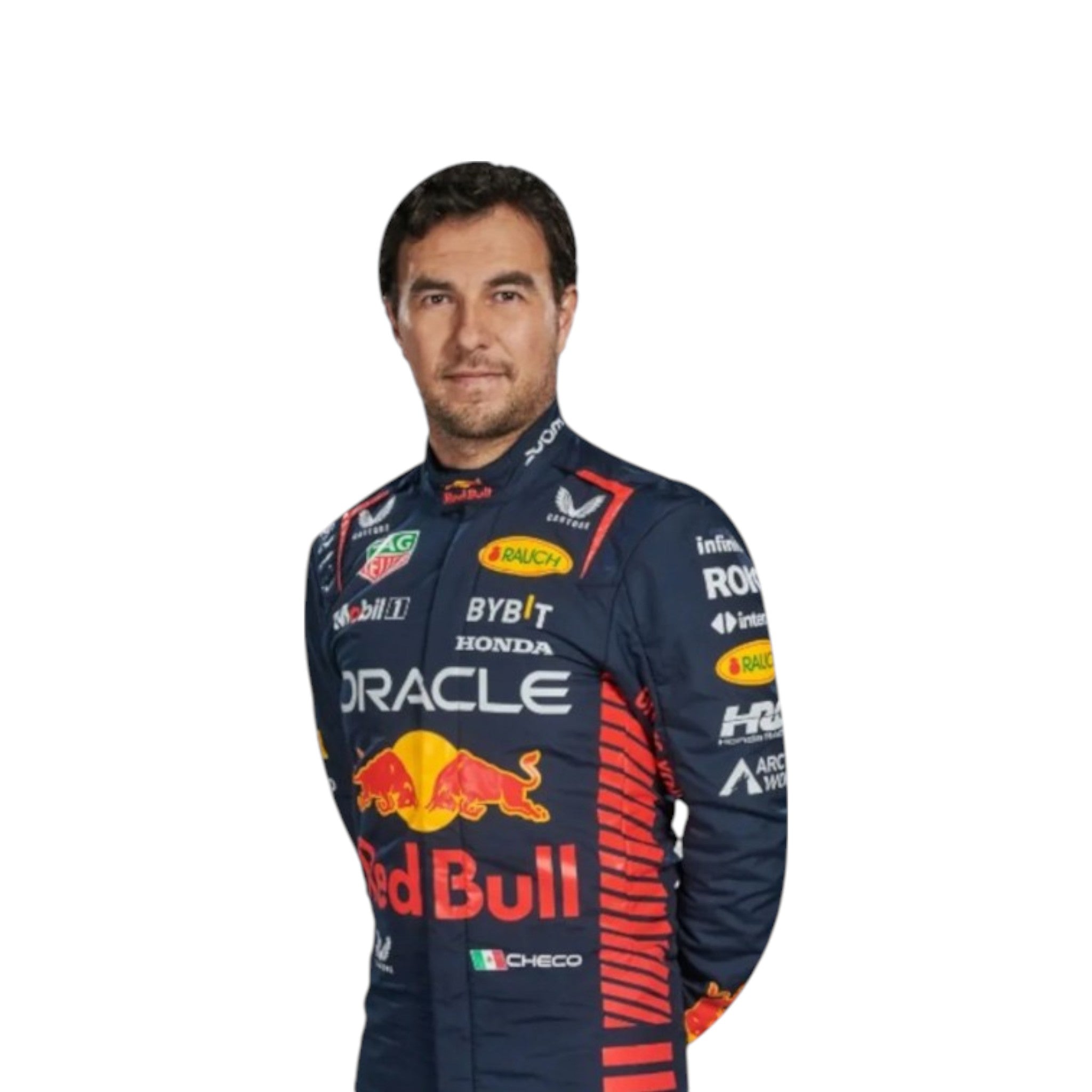 Sergio Perez 2023 Red Bull F1 race suit in navy blue with Red Bull and sponsor branding