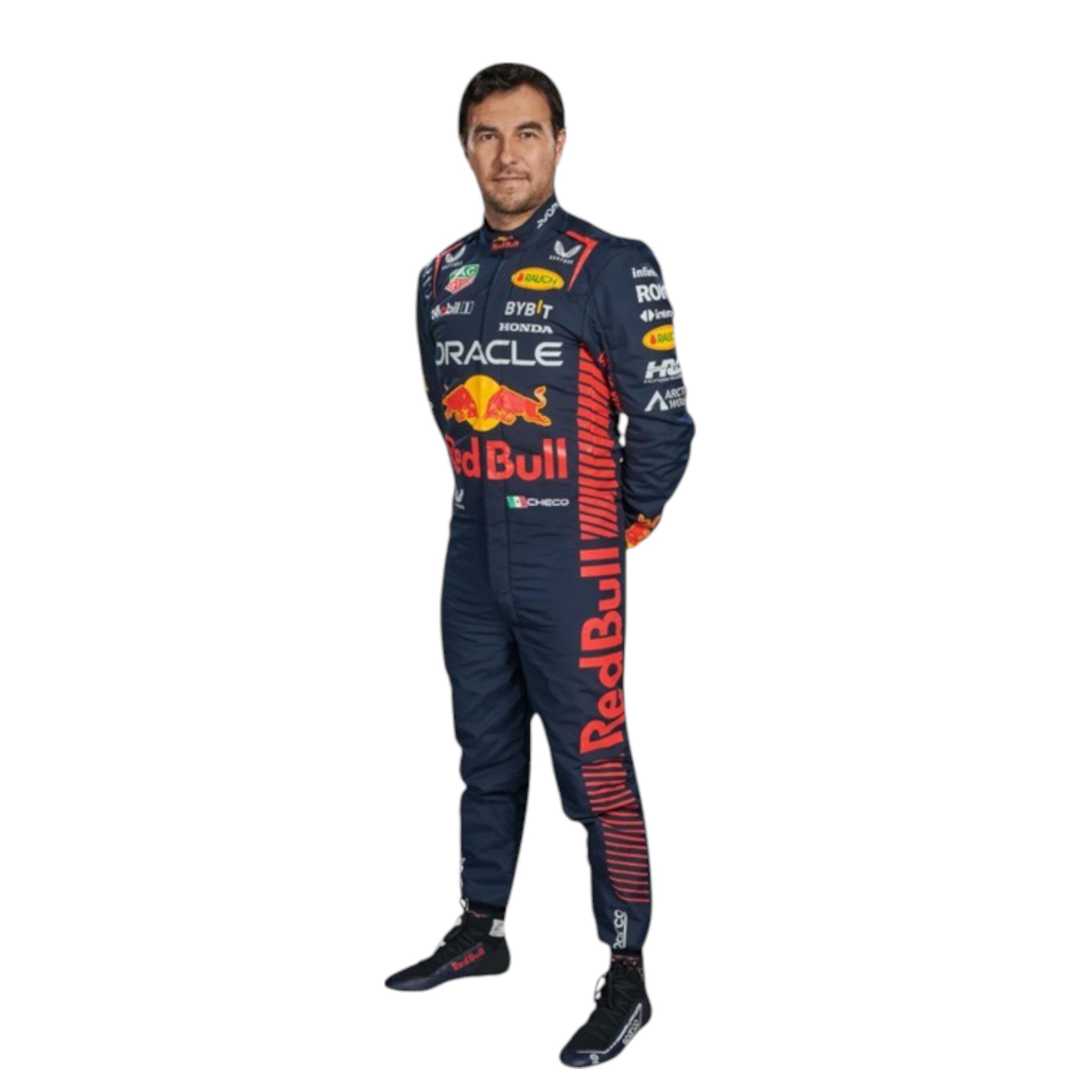 Sergio Perez 2023 Red Bull F1 race suit in navy blue with Red Bull and sponsor branding