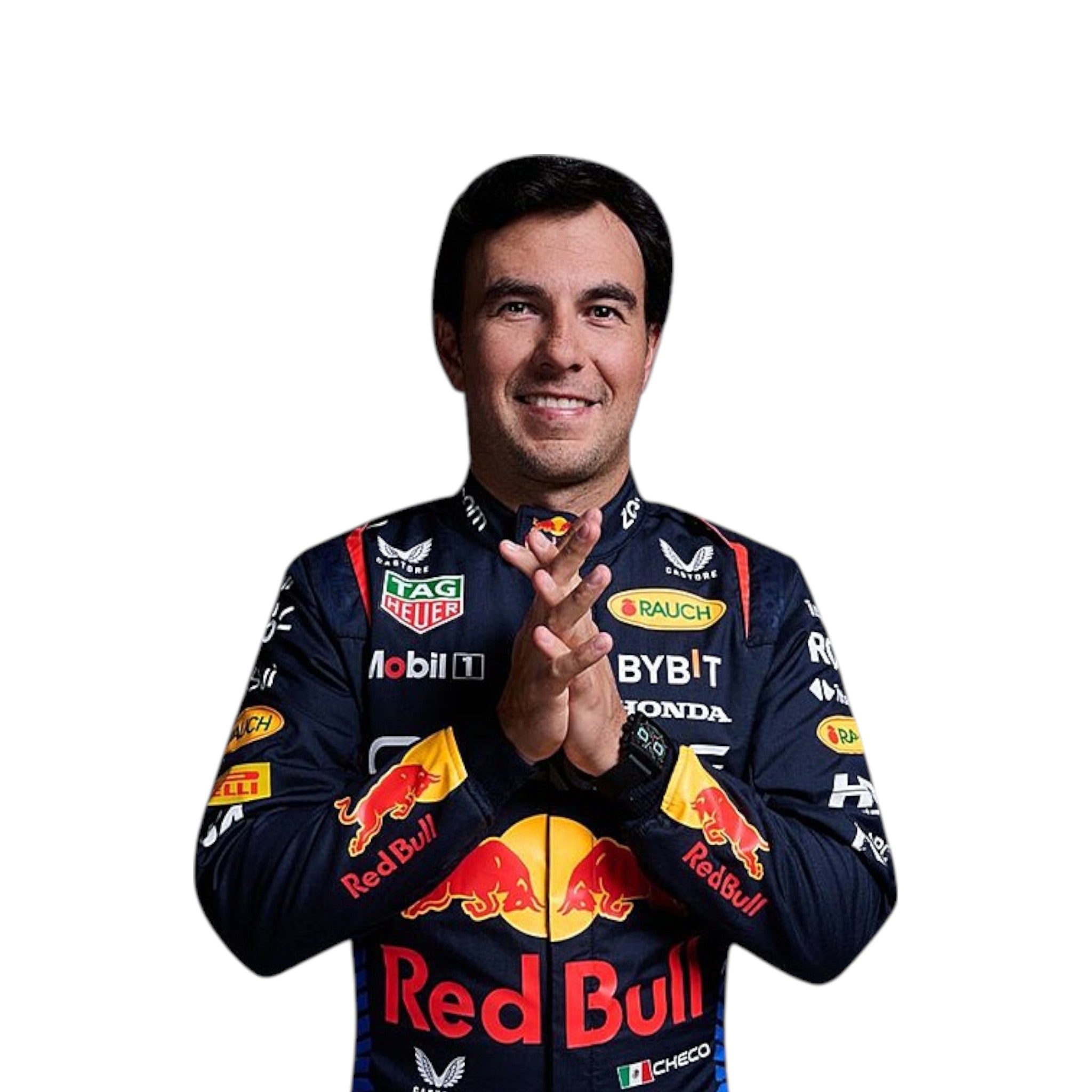 Sergio Perez 2024 Red Bull F1 race suit in navy with red and yellow accents and sponsor logos