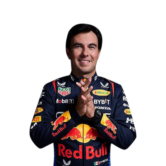 Sergio Perez 2024 Red Bull F1 race suit in navy with red and yellow accents and sponsor logos
