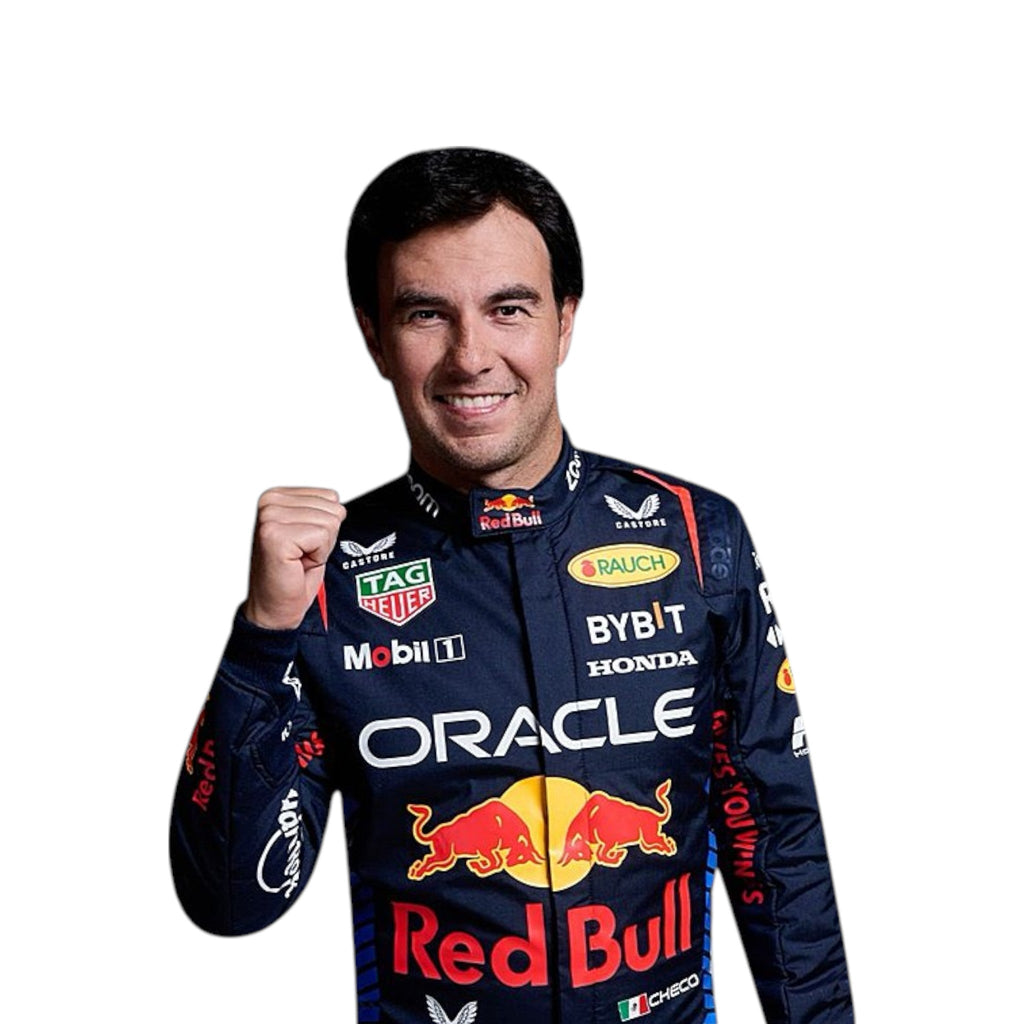 Sergio Perez 2024 Red Bull F1 race suit in navy with red and yellow accents and sponsor logos