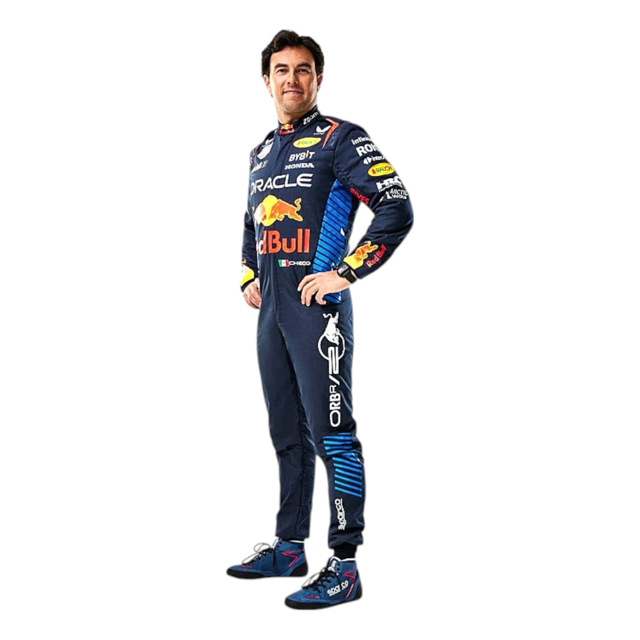 Sergio Perez 2024 Red Bull F1 race suit in navy with red and yellow accents and sponsor logos