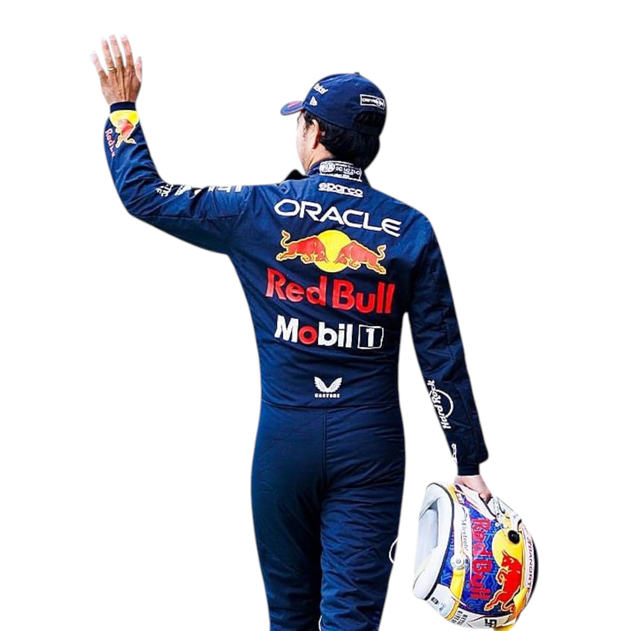 Sergio Perez 2024 Red Bull F1 race suit in navy with red and yellow accents and sponsor logos