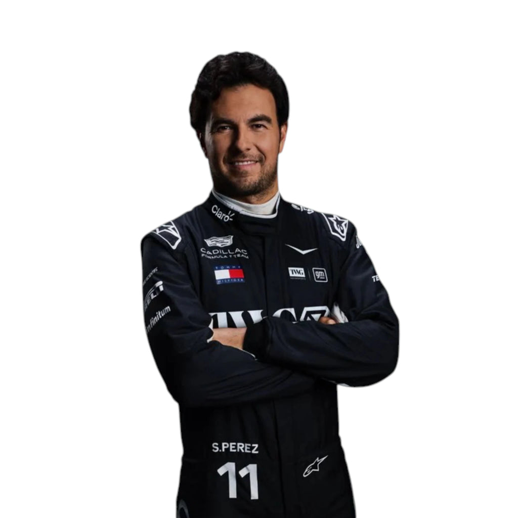 Sergio Perez 2026 Cadillac F1 race suit in black with white accents and sponsor logos