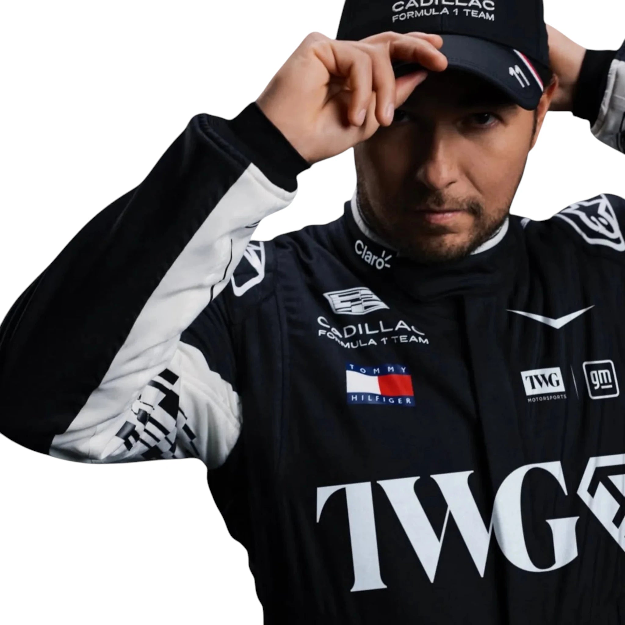 Sergio Perez 2026 Cadillac F1 race suit in black with white accents and sponsor logos
