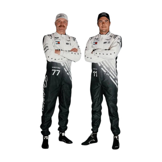 Sergio Pérez 2026 Cadillac Miami GP F1 Racing Suit in black and white featuring Cadillac team branding, sponsor logos, and star detailing.