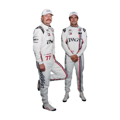 Sergio Pérez 2026 Cadillac Silverstone British GP F1 Racing Suit in white featuring Cadillac team branding, sponsor logos, and red and blue racing stripes