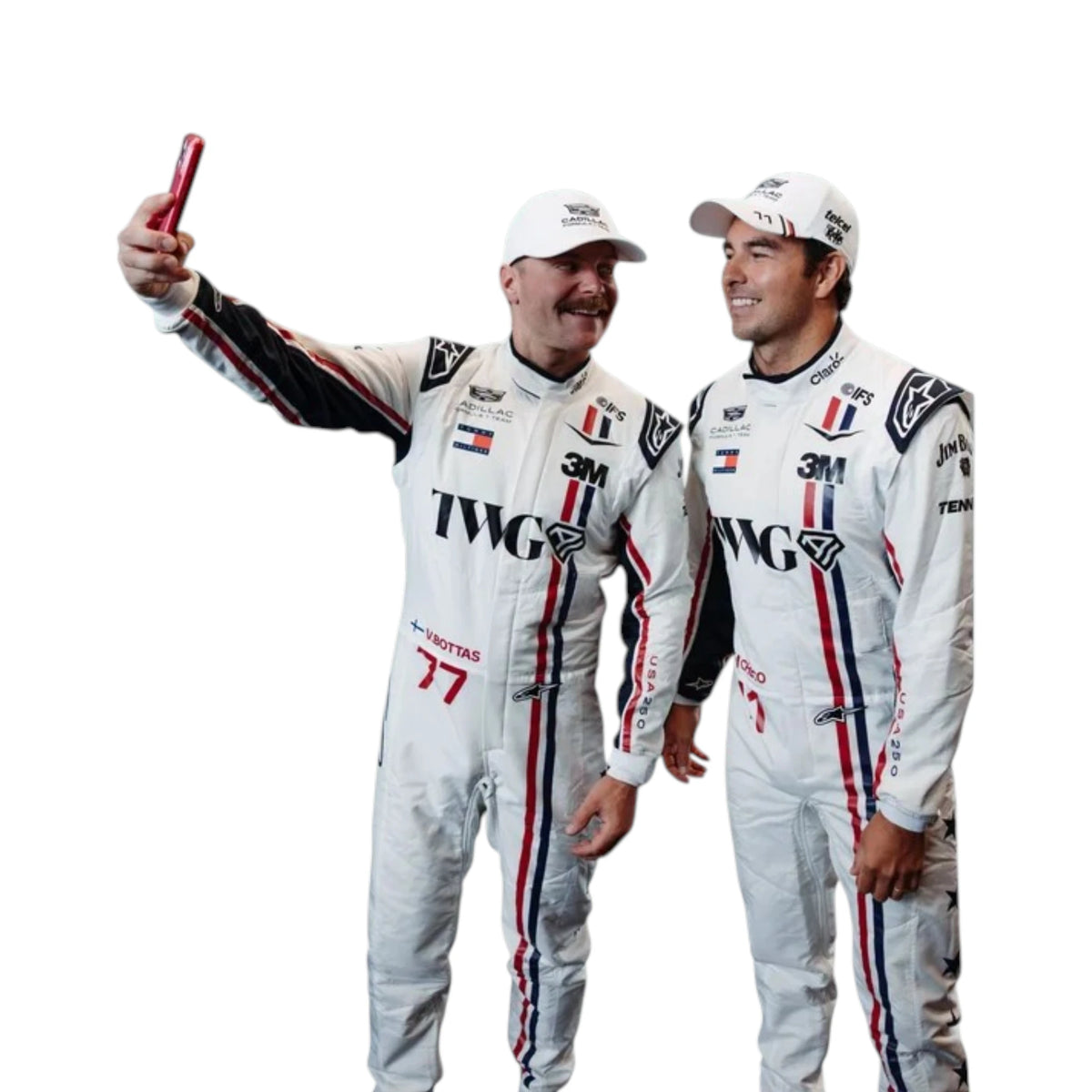 Sergio Pérez 2026 Cadillac Silverstone British GP F1 Racing Suit in white featuring Cadillac team branding, sponsor logos, and red and blue racing stripes