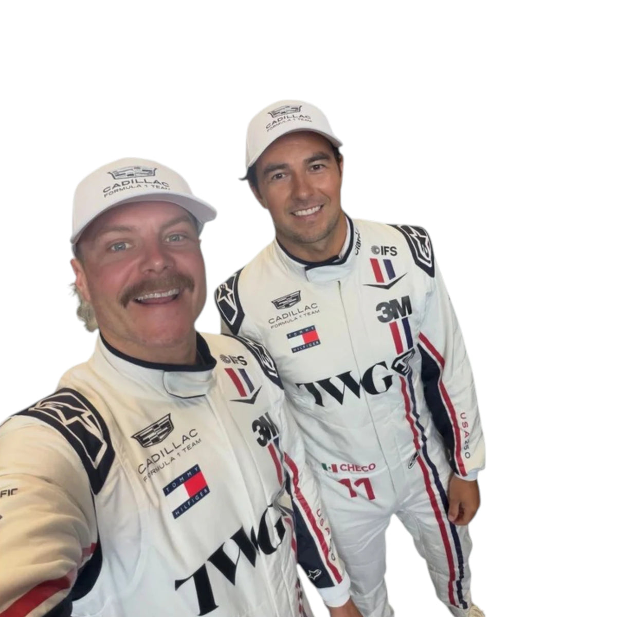 Sergio Pérez 2026 Cadillac Silverstone British GP F1 Racing Suit in white featuring Cadillac team branding, sponsor logos, and red and blue racing stripes