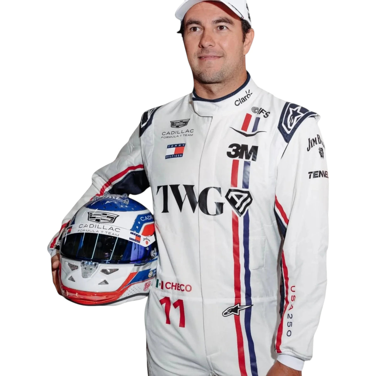 Sergio Pérez 2026 Cadillac Silverstone British GP F1 Racing Suit in white featuring Cadillac team branding, sponsor logos, and red and blue racing stripes