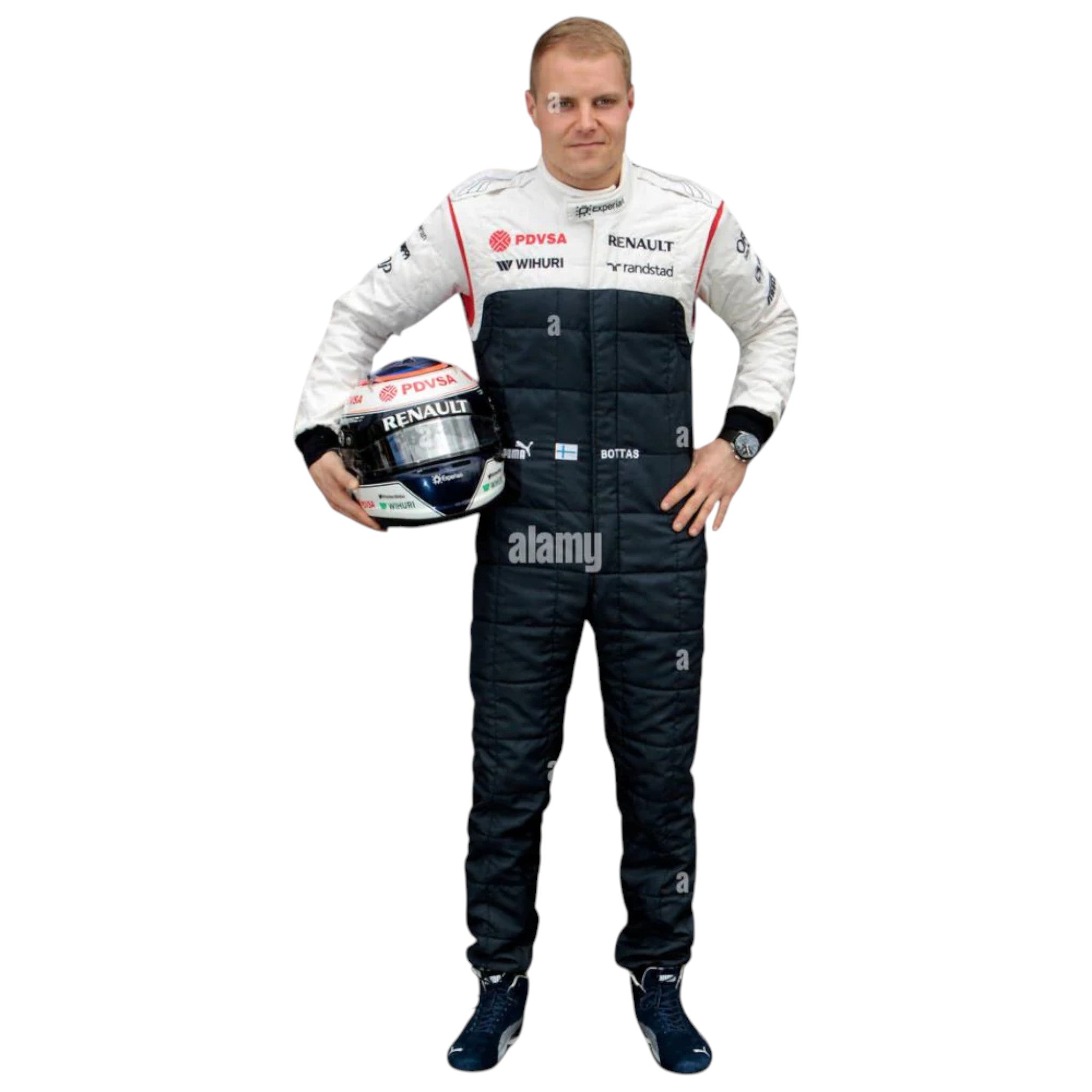 Valtteri Bottas 2013 Williams F1 race suit white and blue design with PDVSA and Renault sponsor logos
