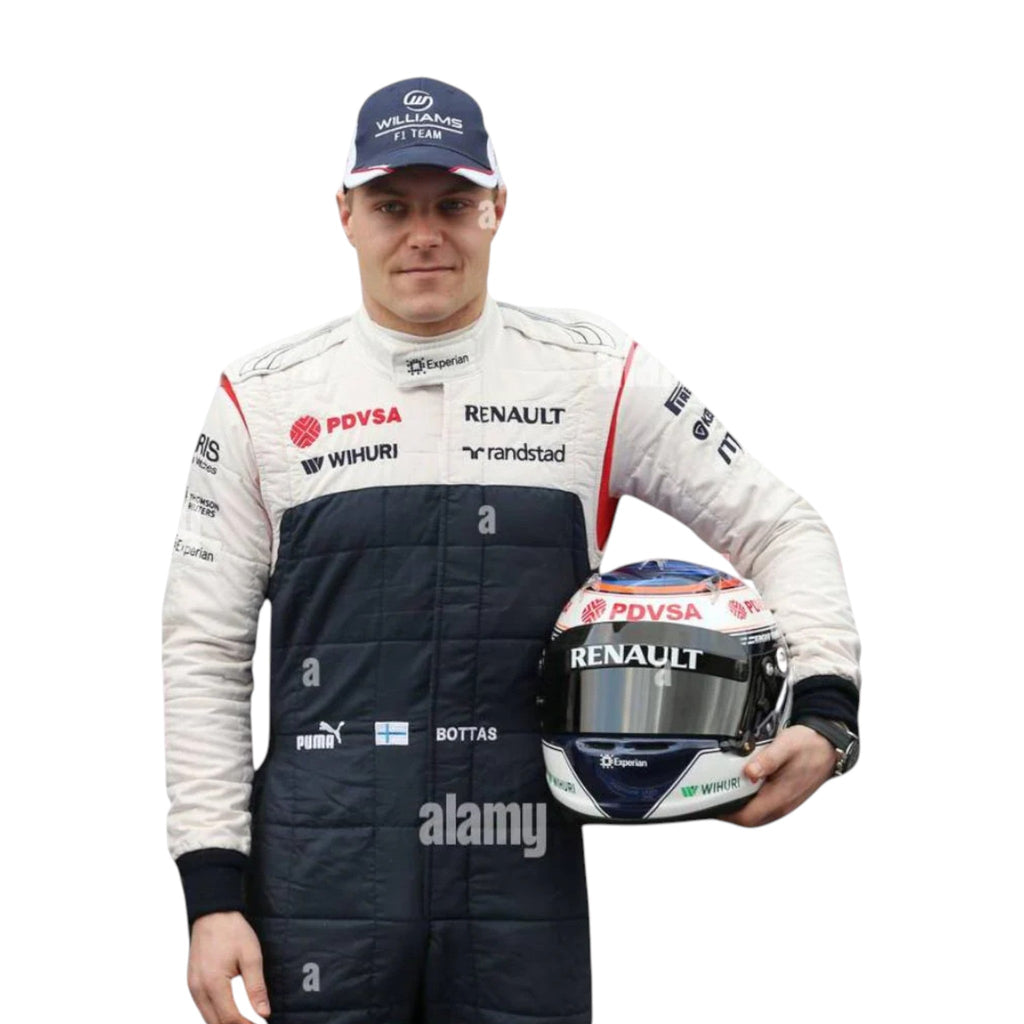 Valtteri Bottas 2013 Williams F1 race suit white and blue design with PDVSA and Renault sponsor logos