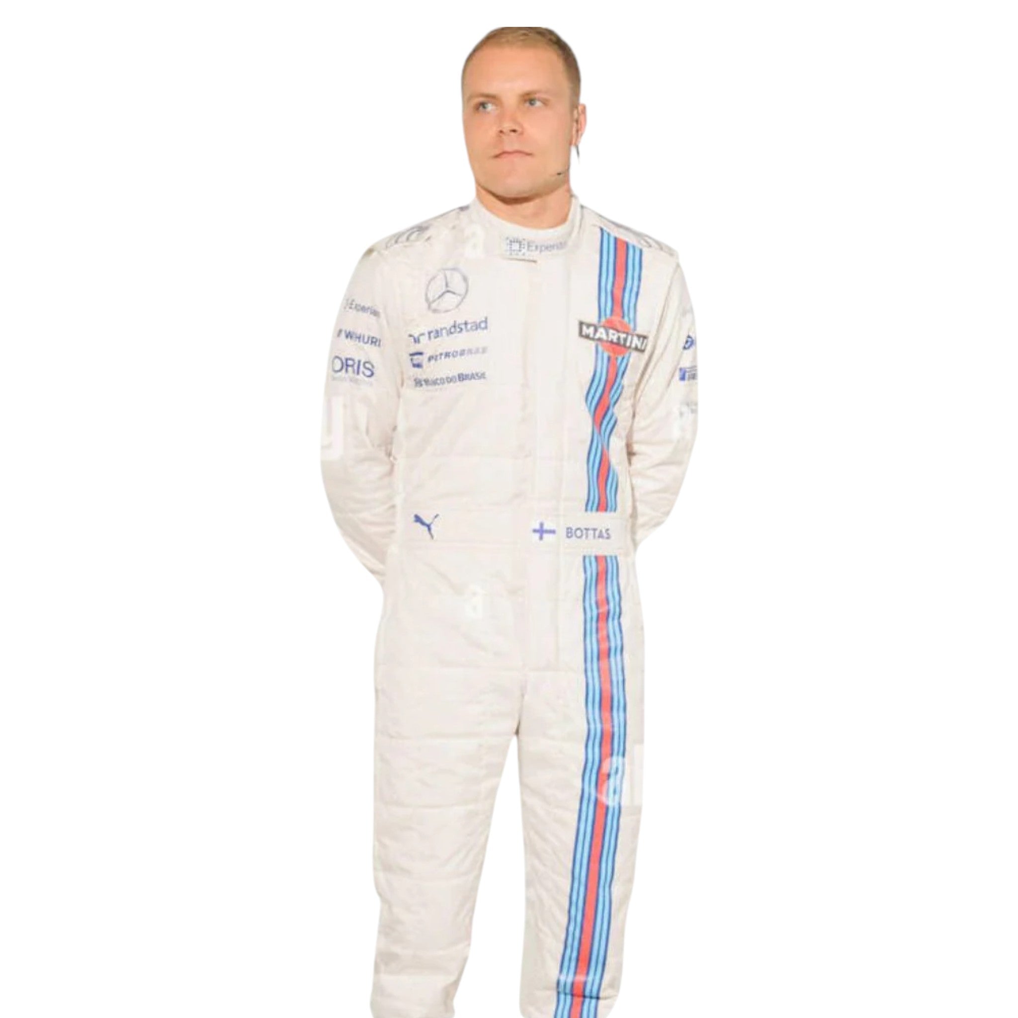 Valtteri Bottas 2014 Williams F1 race suit white suit with Martini Racing blue and red stripes and team sponsor logos