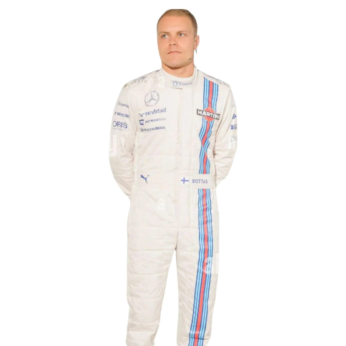 Valtteri Bottas 2014 Williams F1 race suit white suit with Martini Racing blue and red stripes and team sponsor logos