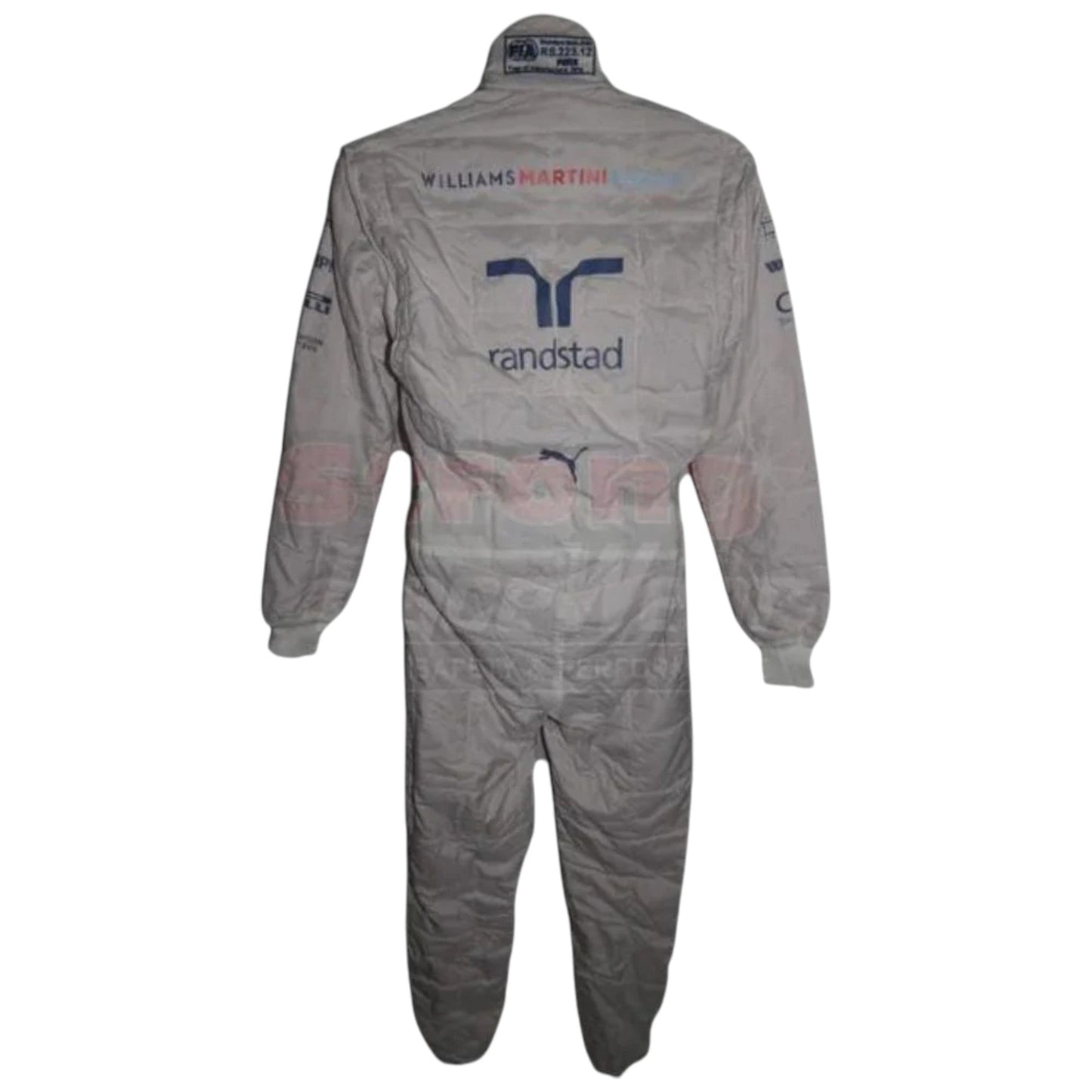 Valtteri Bottas 2014 Williams F1 race suit white suit with Martini Racing blue and red stripes and team sponsor logos