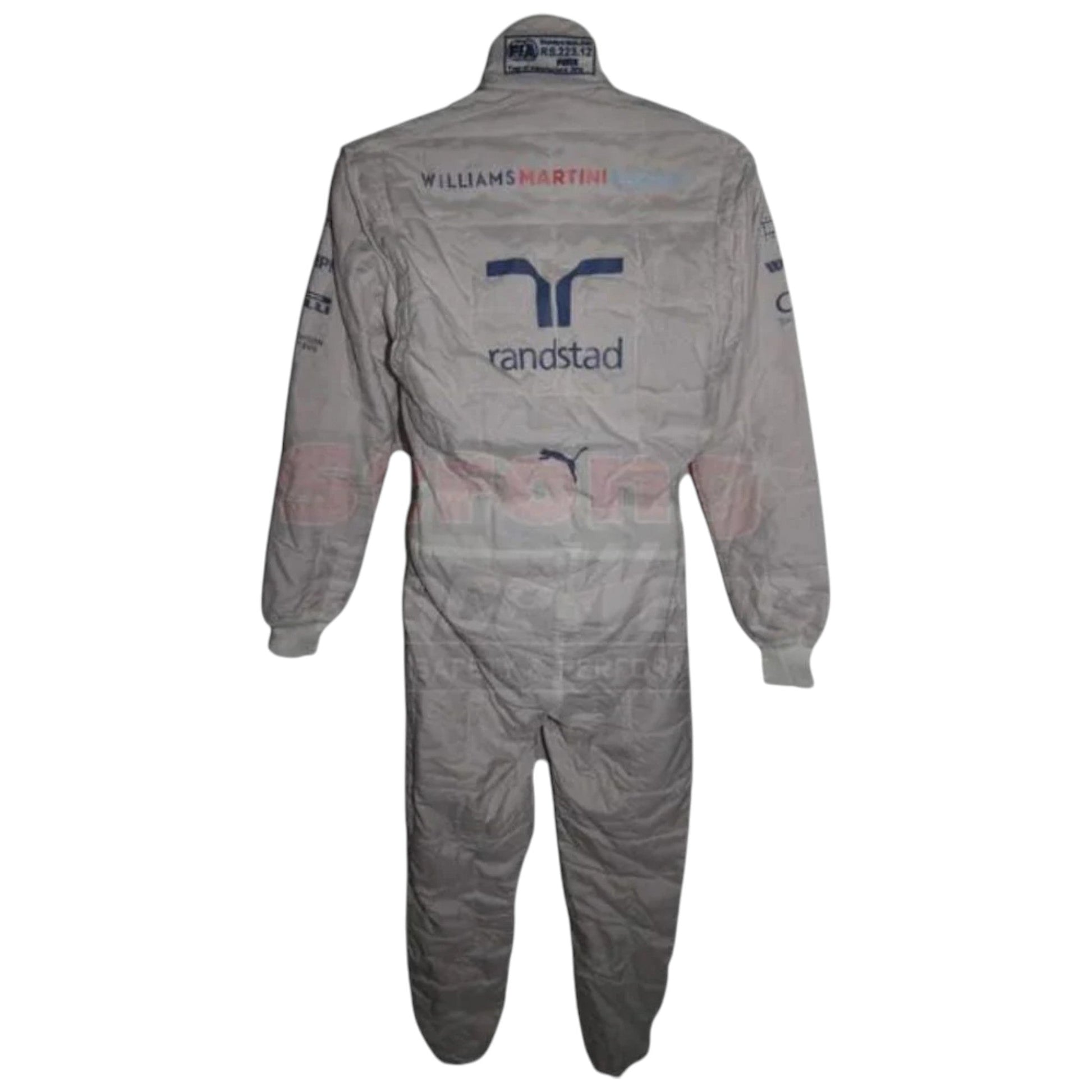Valtteri Bottas 2014 Williams F1 race suit white suit with Martini Racing blue and red stripes and team sponsor logos