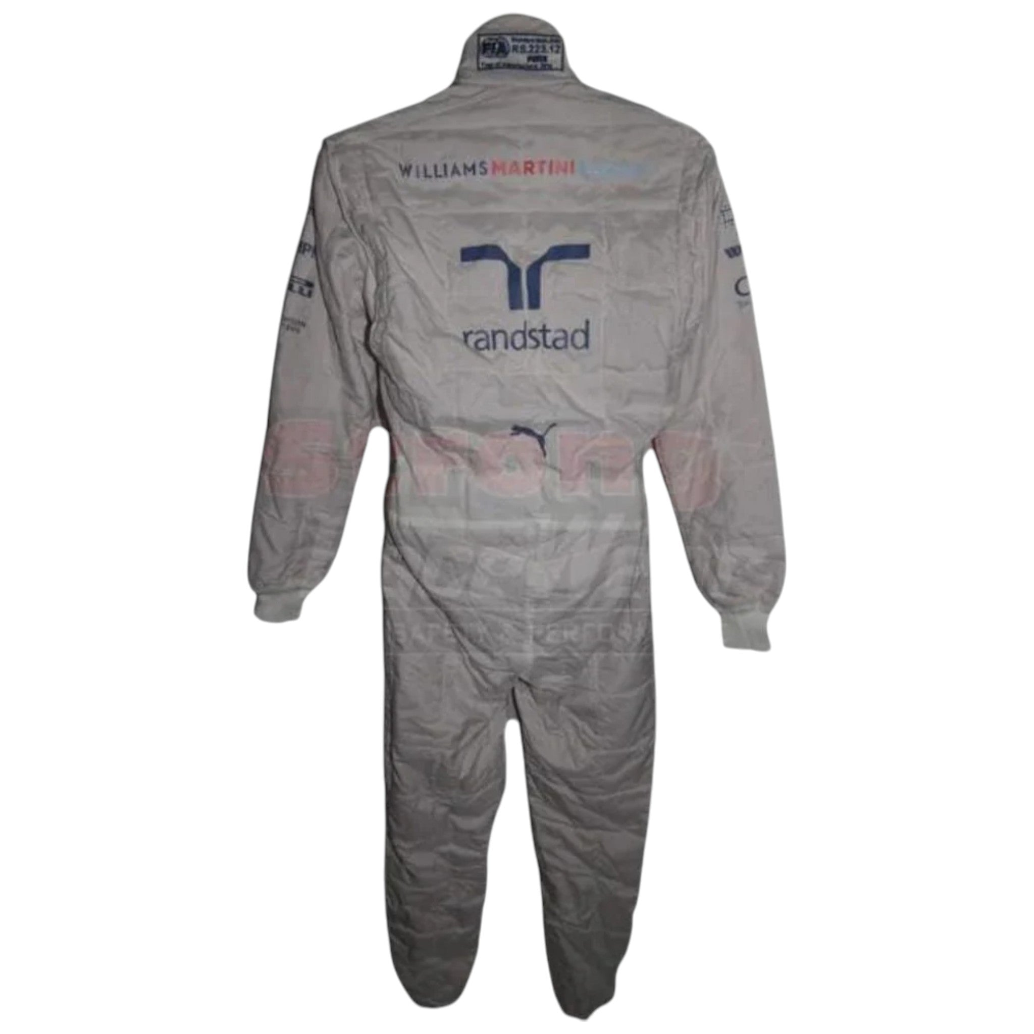 Valtteri Bottas 2014 Williams F1 race suit white suit with Martini Racing blue and red stripes and team sponsor logos