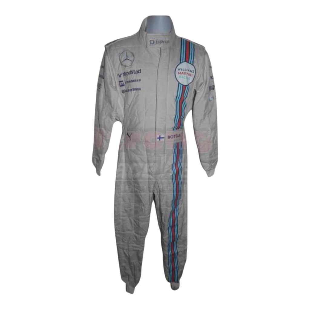 Valtteri Bottas 2014 Williams F1 race suit white suit with Martini Racing blue and red stripes and team sponsor logos