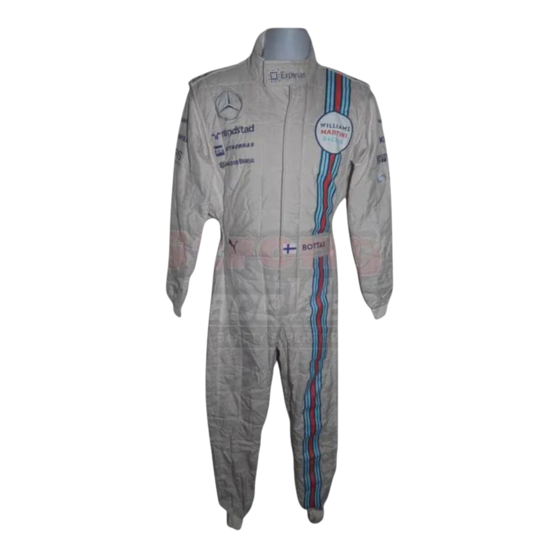Valtteri Bottas 2014 Williams F1 race suit white suit with Martini Racing blue and red stripes and team sponsor logos