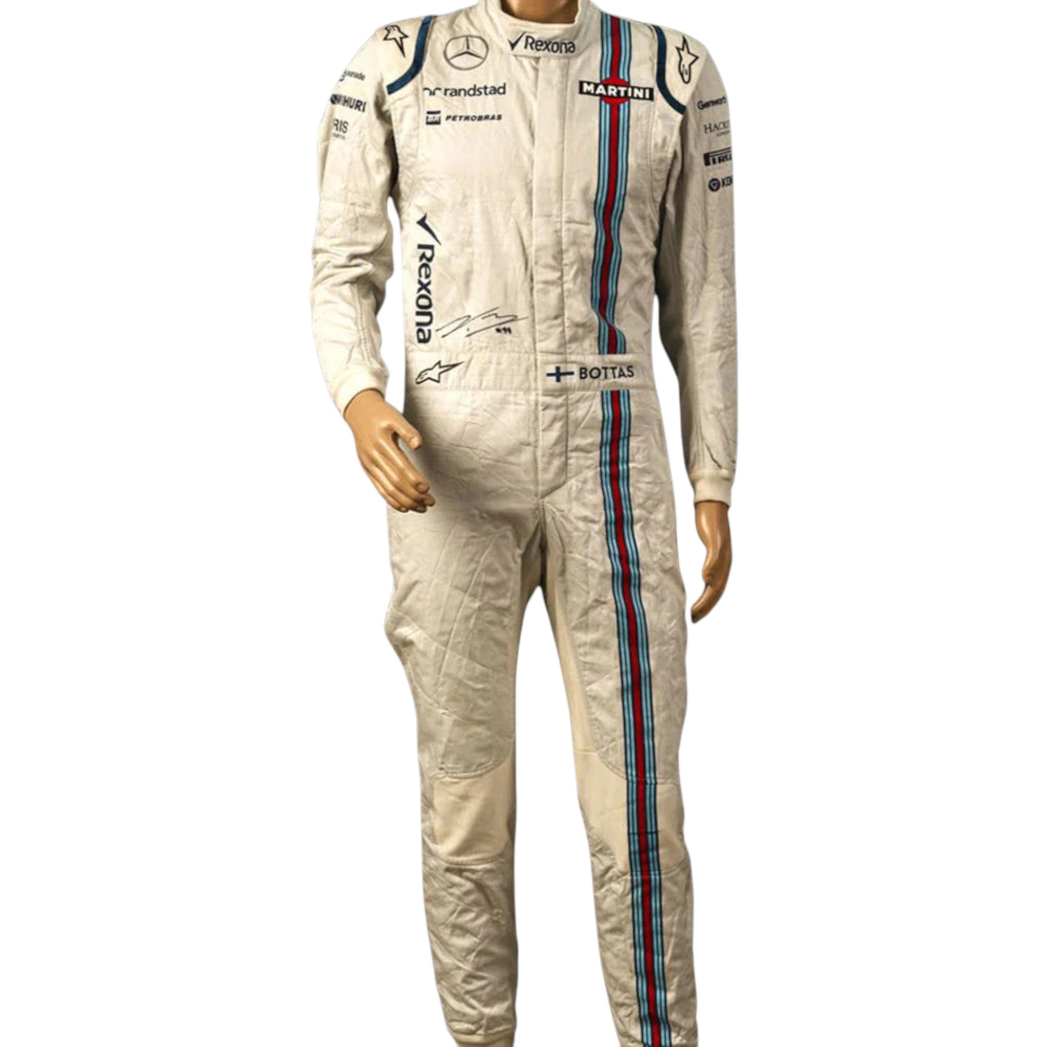 Valtteri Bottas 2015 Williams F1 race suit in white with navy blue accents and Martini racing stripes featuring sponsor logos