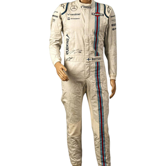 Valtteri Bottas 2015 Williams F1 race suit in white with navy blue accents and Martini racing stripes featuring sponsor logos