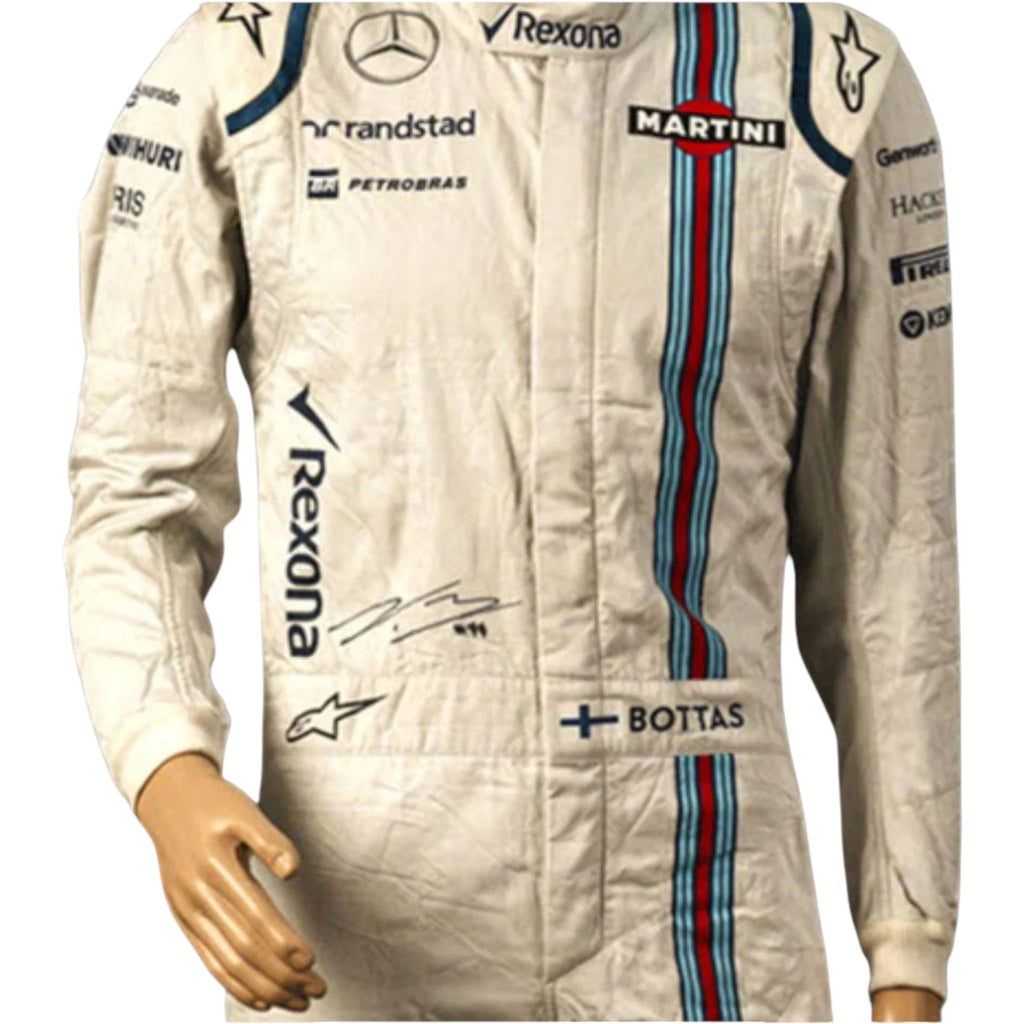 Valtteri Bottas 2015 Williams F1 race suit in white with navy blue accents and Martini racing stripes featuring sponsor logos