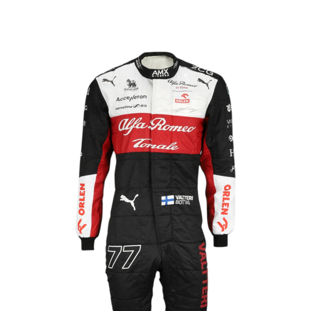 Valtteri Bottas 2022 Alfa Romeo Formula 1 race suit in red and white team design with sponsor graphics