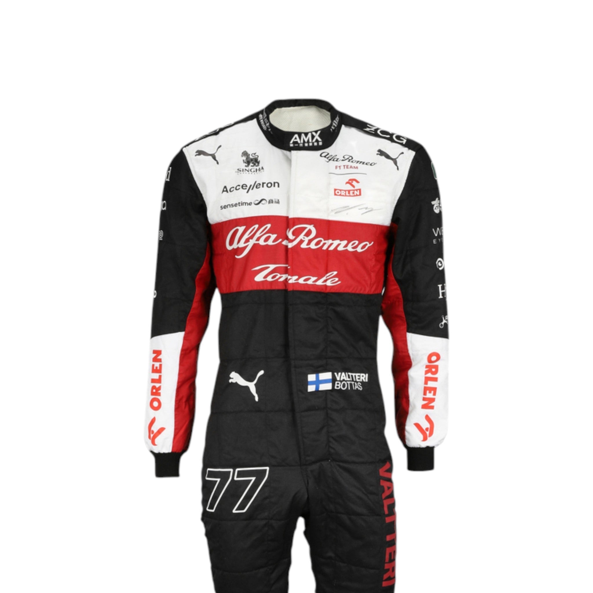 Valtteri Bottas 2022 Alfa Romeo Formula 1 race suit in red and white team design with sponsor graphics