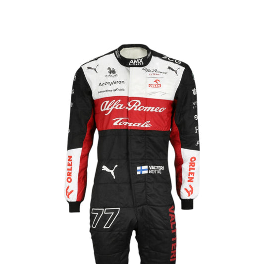 Valtteri Bottas 2022 Alfa Romeo Formula 1 race suit in red and white team design with sponsor graphics