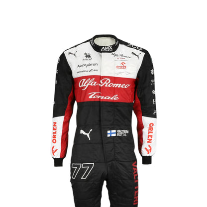 Valtteri Bottas 2022 Alfa Romeo Formula 1 race suit in red and white team design with sponsor graphics