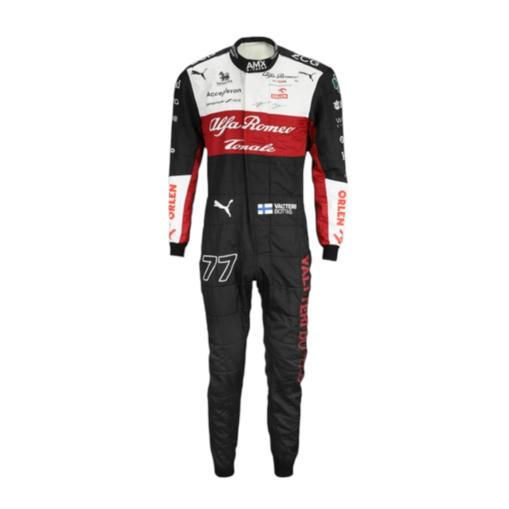 Valtteri Bottas 2022 Alfa Romeo Formula 1 race suit in red and white team design with sponsor graphics