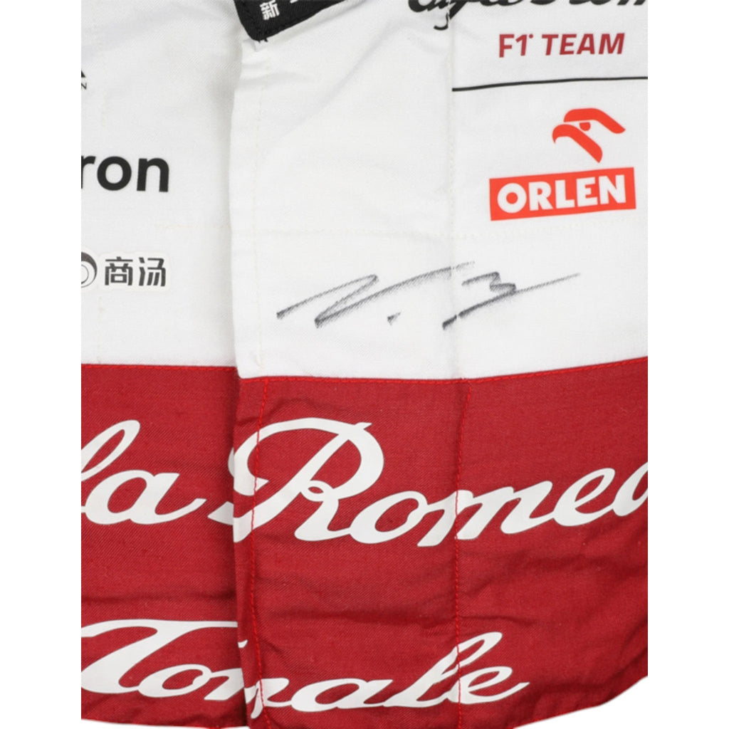 Valtteri Bottas 2022 Alfa Romeo Formula 1 race suit in red and white team design with sponsor graphics