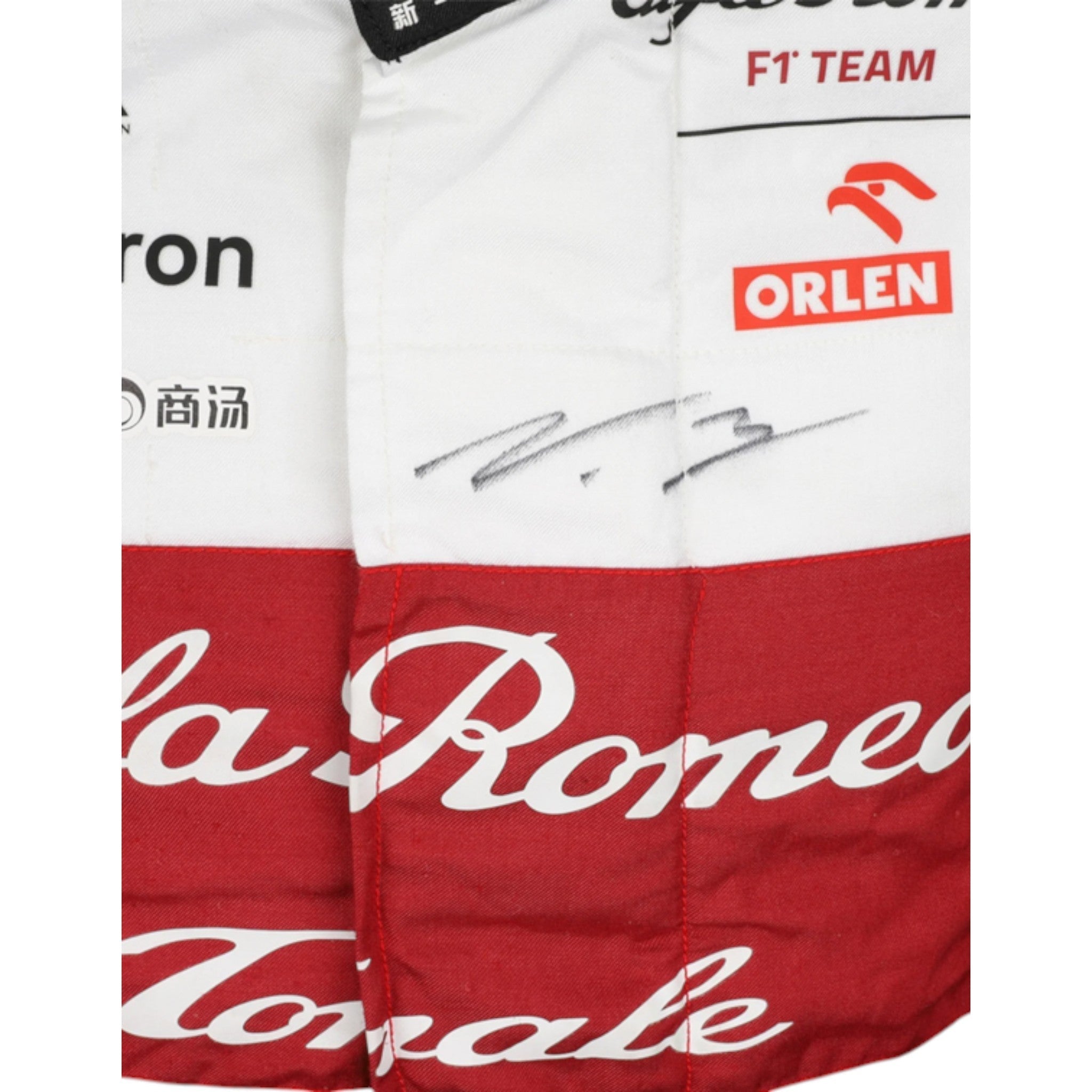 Valtteri Bottas 2022 Alfa Romeo Formula 1 race suit in red and white team design with sponsor graphics