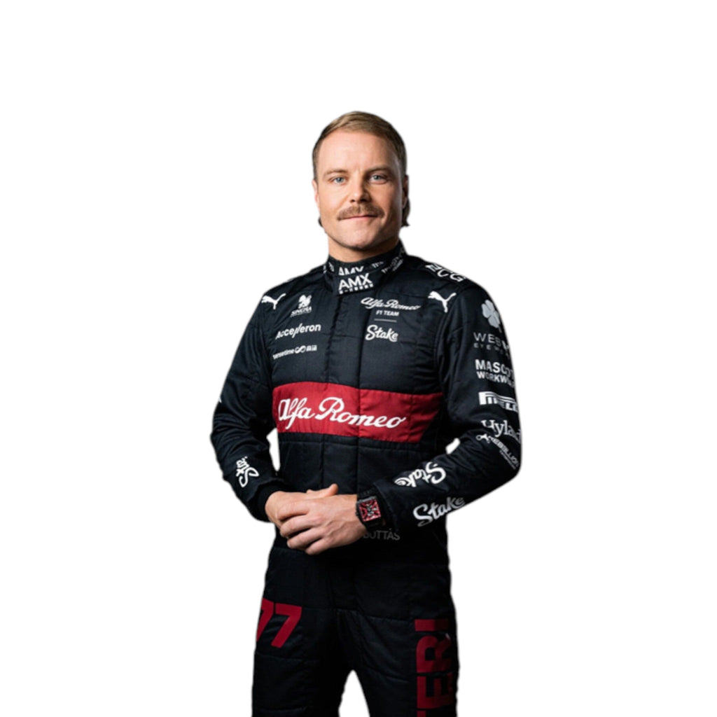 2023 Alfa Romeo Formula 1 race suit in red and black linked to Valtteri Bottas with visible sponsor branding
