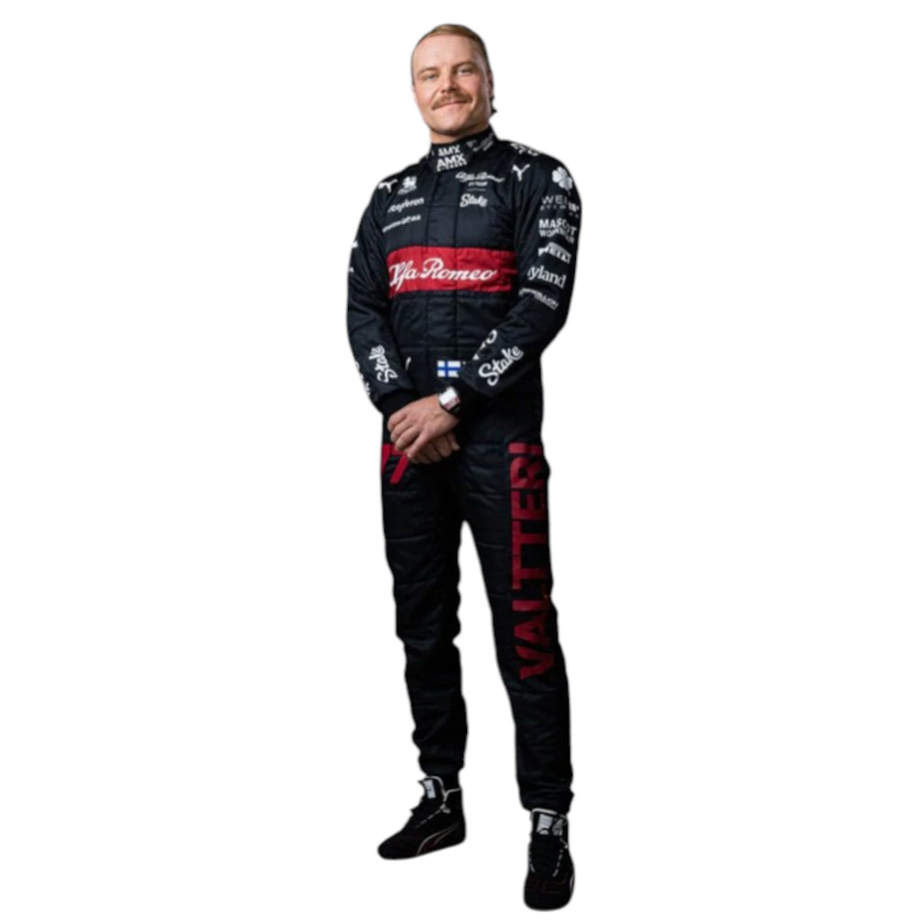 2023 Alfa Romeo Formula 1 race suit in red and black linked to Valtteri Bottas with visible sponsor branding