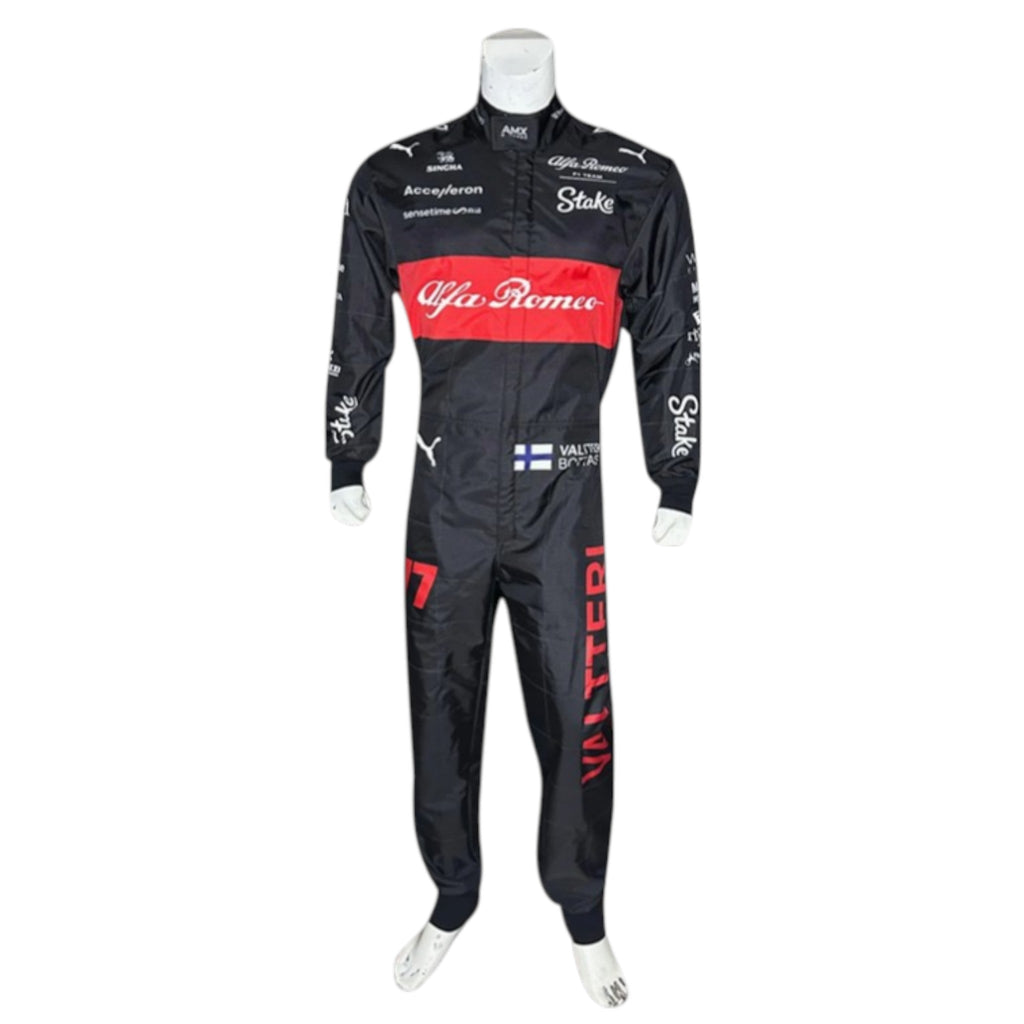 2023 Alfa Romeo Formula 1 race suit in red and black linked to Valtteri Bottas with visible sponsor branding