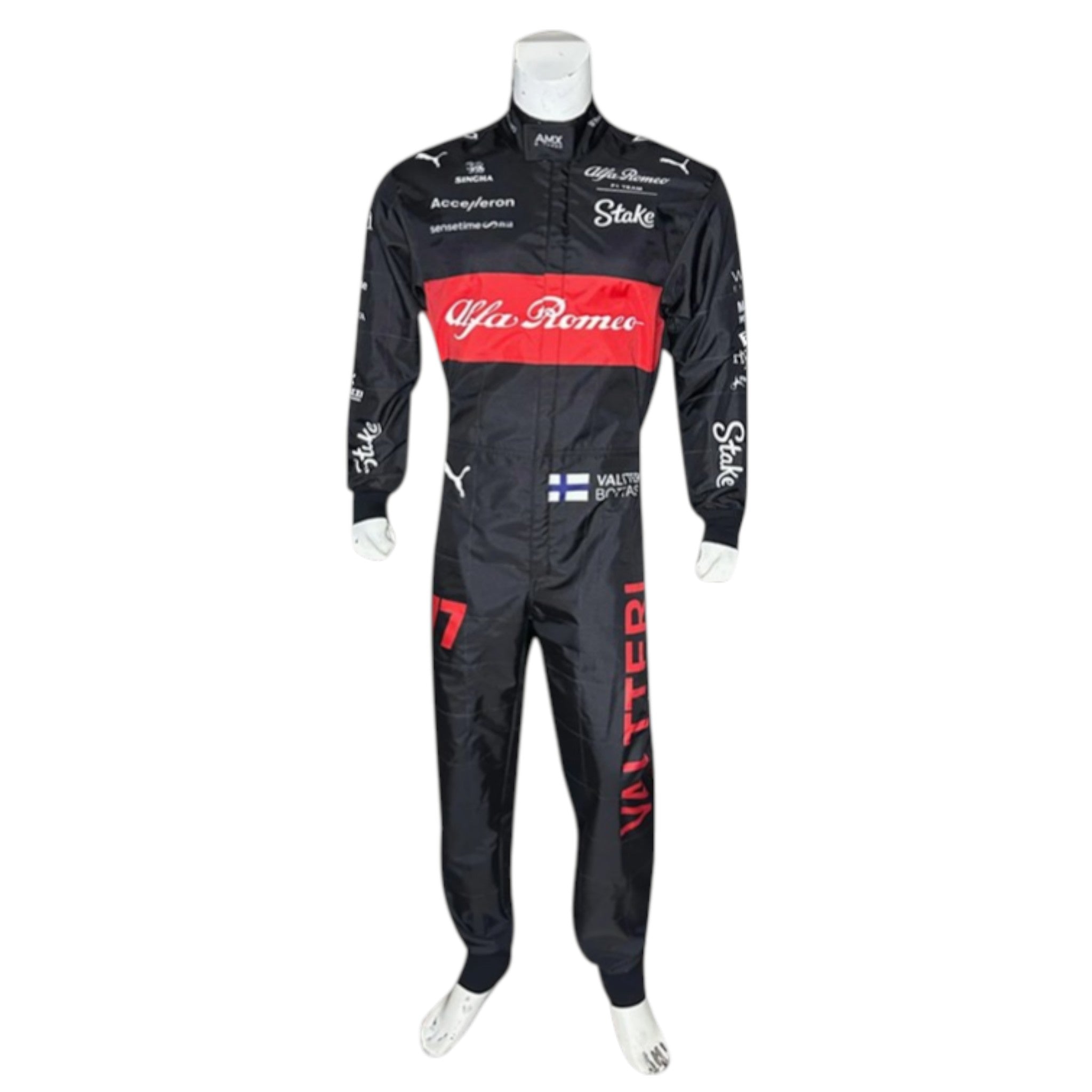 2023 Alfa Romeo Formula 1 race suit in red and black linked to Valtteri Bottas with visible sponsor branding