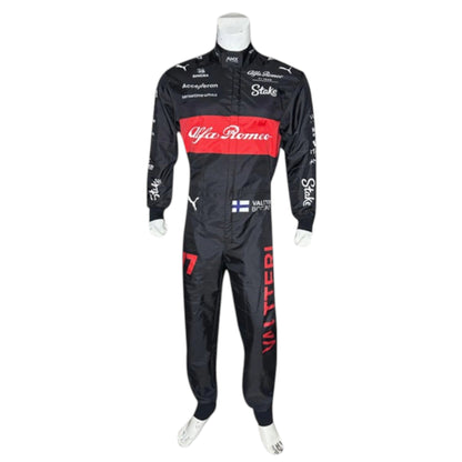 2023 Alfa Romeo Formula 1 race suit in red and black linked to Valtteri Bottas with visible sponsor branding