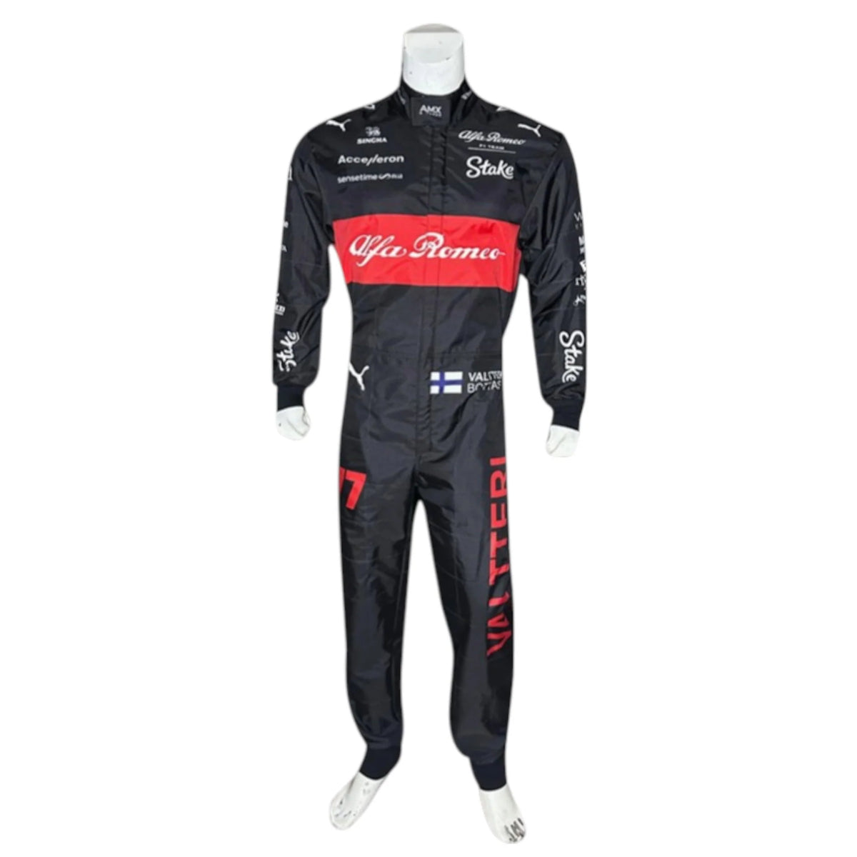 2023 Alfa Romeo Formula 1 race suit in red and black linked to Valtteri Bottas with visible sponsor branding