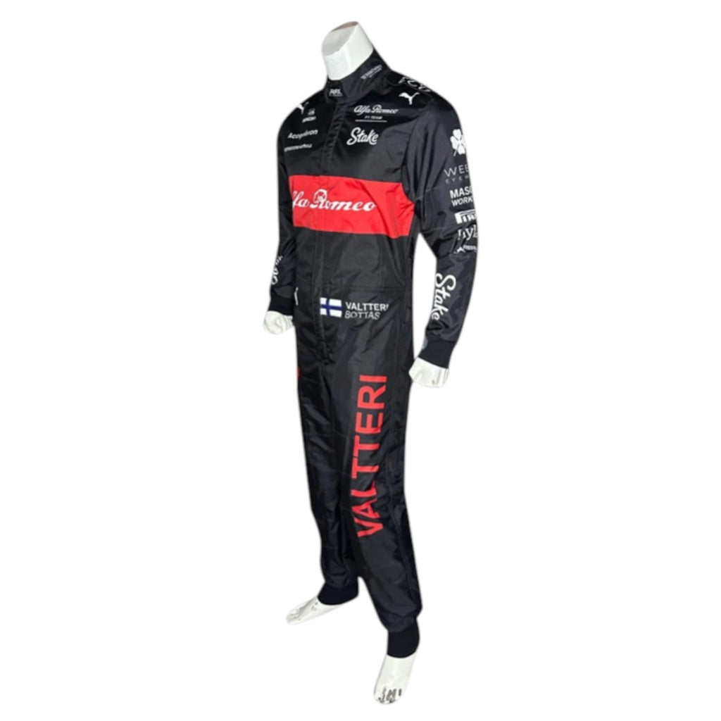 2023 Alfa Romeo Formula 1 race suit in red and black linked to Valtteri Bottas with visible sponsor branding