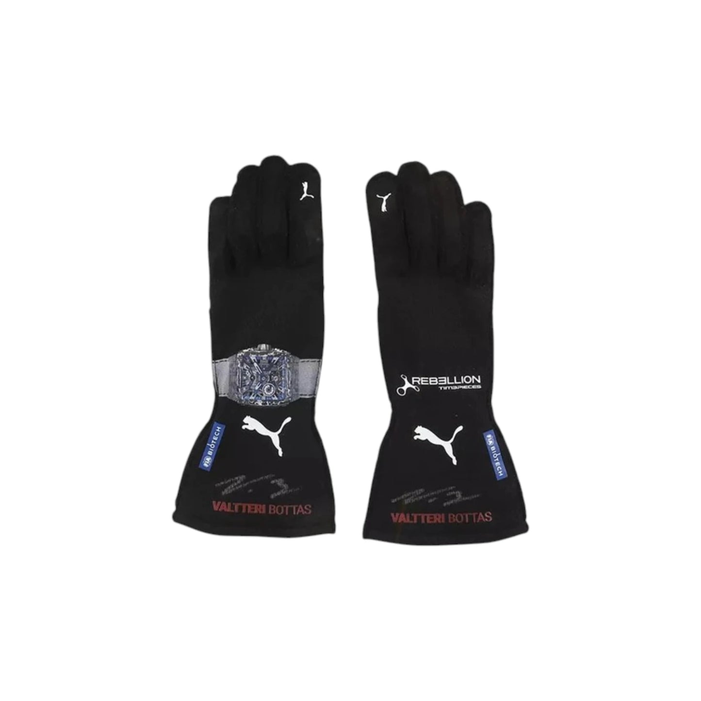 Valtteri Bottas 2023 Alfa Romeo F1 Racing Gloves in black with Alfa Romeo sponsor logos and premium motorsport detailing
