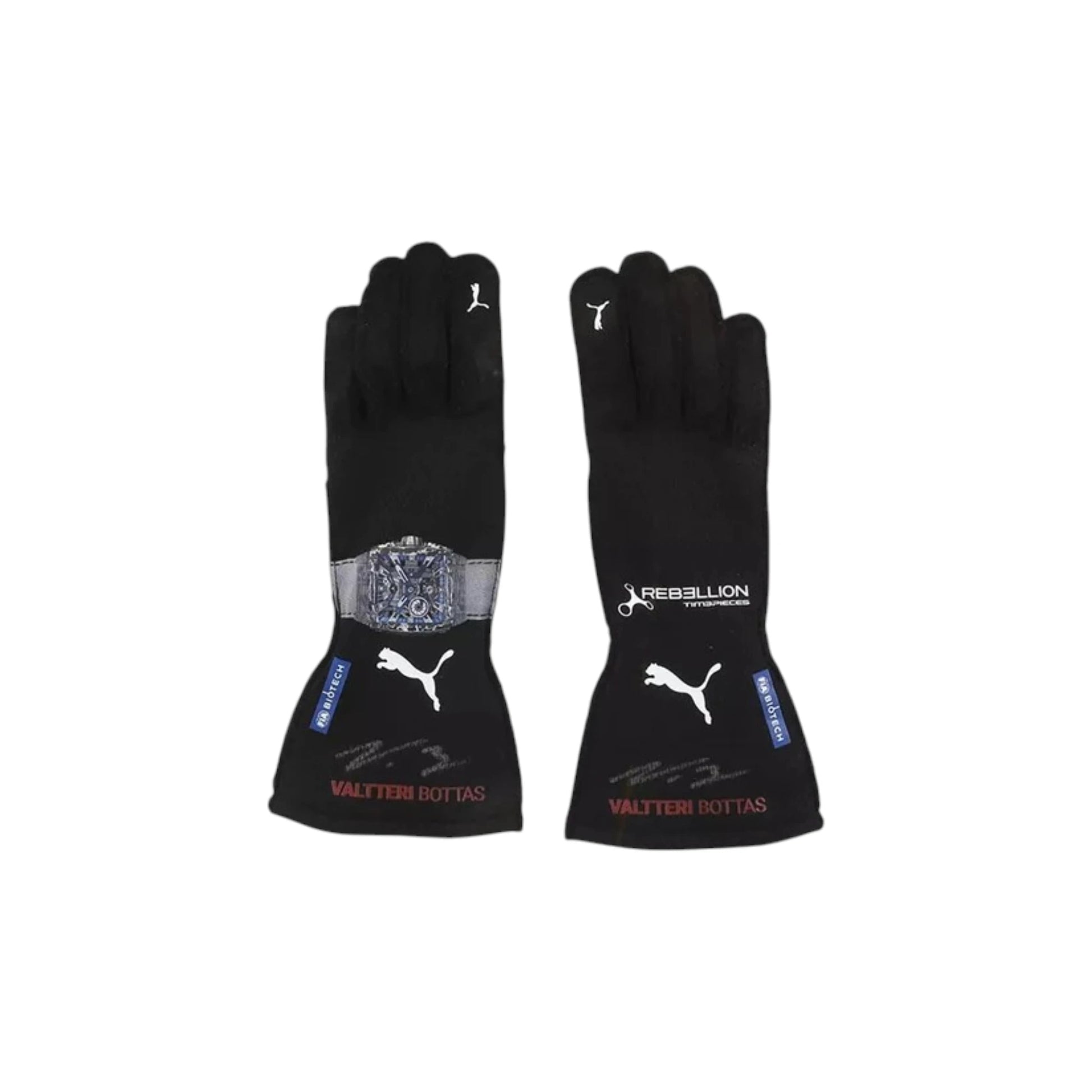 Valtteri Bottas 2023 Alfa Romeo F1 Racing Gloves in black with Alfa Romeo sponsor logos and premium motorsport detailing