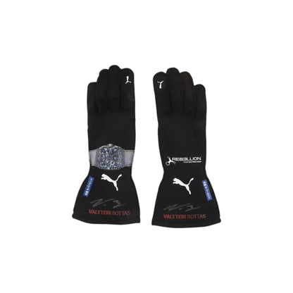 Valtteri Bottas 2023 Alfa Romeo F1 Racing Gloves in black with Alfa Romeo sponsor logos and premium motorsport detailing