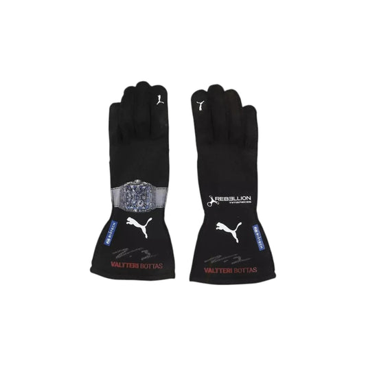 Valtteri Bottas 2023 Alfa Romeo F1 Racing Gloves in black with Alfa Romeo sponsor logos and premium motorsport detailing