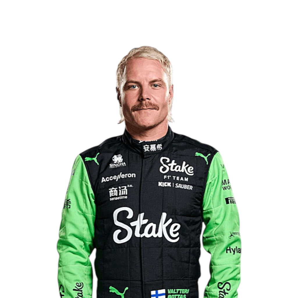 Valtteri Bottas 2024 Kick Sauber Formula 1 green and black race suit with sponsor logos and team detailing